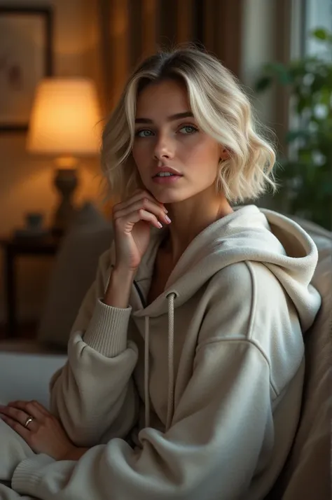 Beautiful woman, short blonde hair, wearing an oversized hoodie, sitting in an living room, on a phone call.