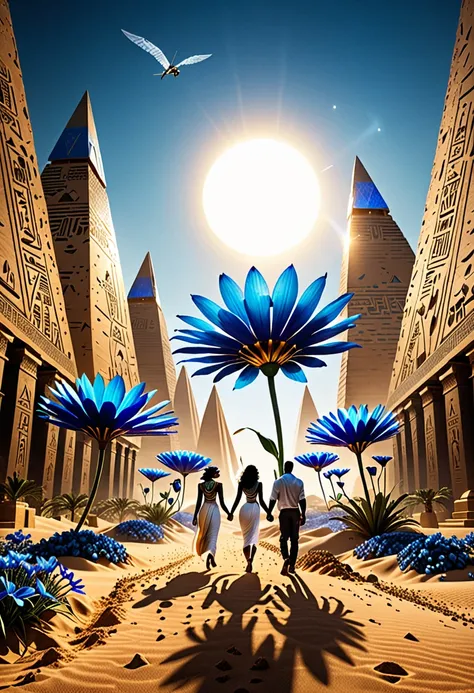 Ancient Egyptian and futuristic elements merge in this surrealistic cityscape. In the foreground, three protagonists walk hand in hand. In the mid-ground, a huge, ethereal blue flower blooms, its petals spreading throughout the scene. In the background, py...