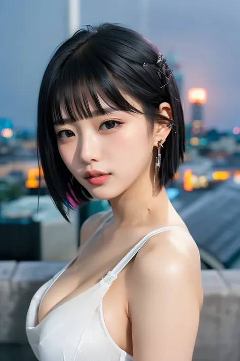 ((Rooftop of a building: 1,3)), ((Goth_punk, alone, Medium Shot, Walking the rooftops of Harajuku, ((night)), Blurry, Neon Light, Rainbow Eyes, Starry Sky, Shiny black hair, White eyebrows, Shiny Hair, (Rainbow black hair), Earring, good, jewelry, Blunt ba...