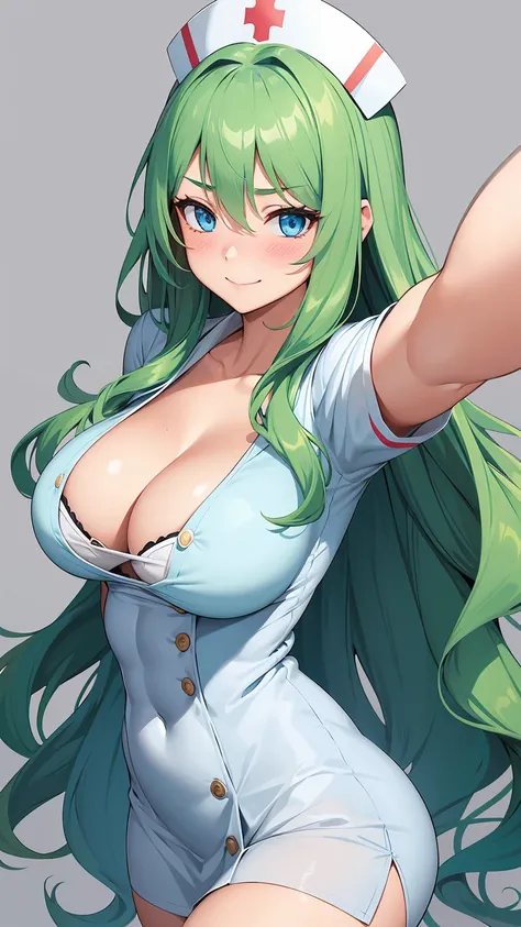 1girl, beautiful fair skin, blue eyes, long wavy green hair, nurse outfit, medium , cleavage, large breast, dynamic poses, toned abs, cute shy smile, blushing