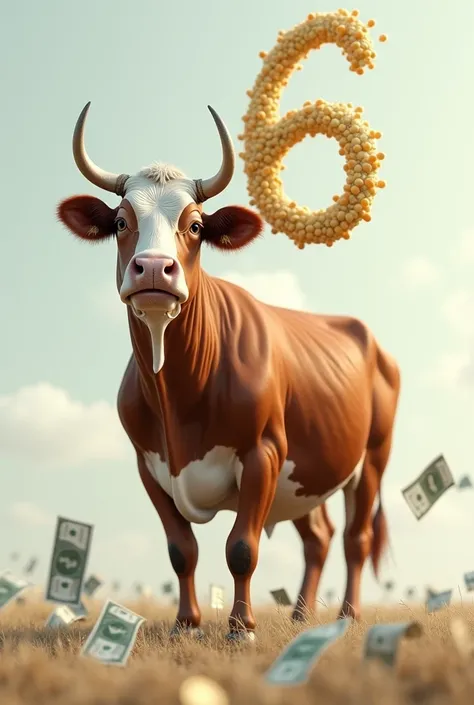 Picture of a cow with money and the number 6