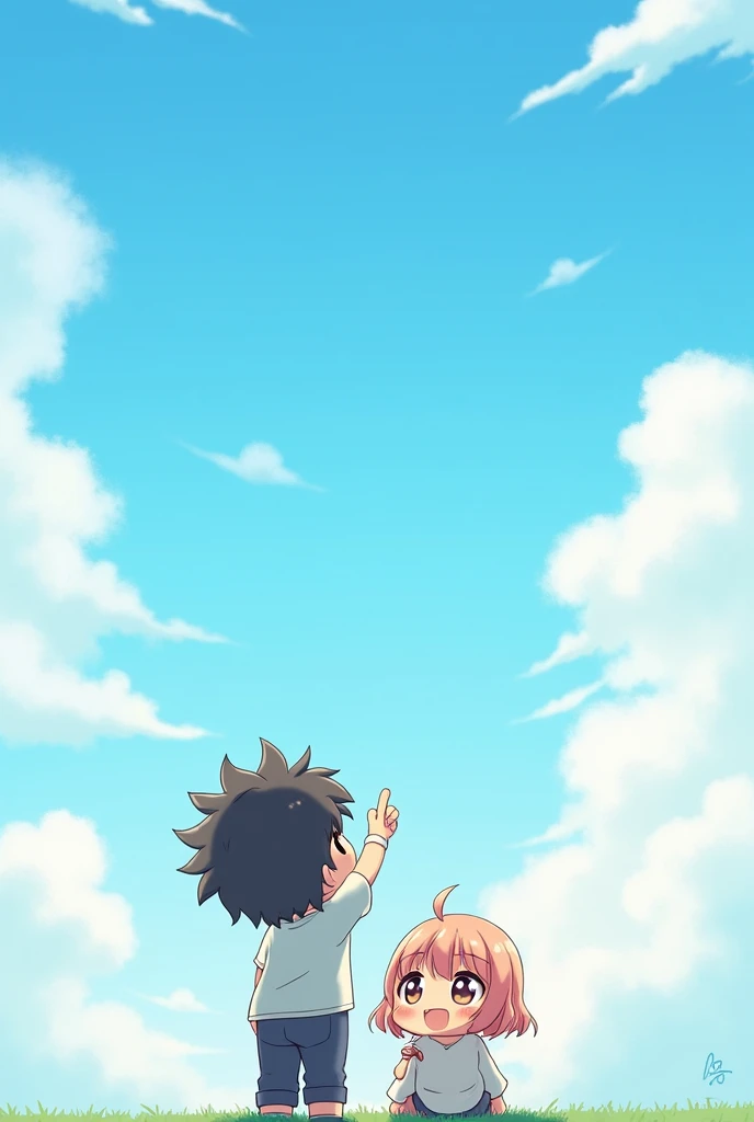 Anime chibi boy from behind looking at the sky and pointing with his arm at the clouds next to a chibi girl looking at the sky and leaning on the boy&#39;s shoulder