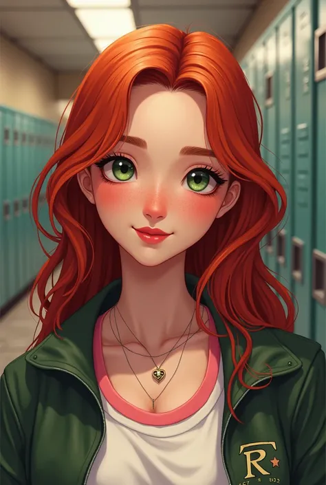 Create a digital illustration of a young woman with the following specifications: **Physical appearance:** * Age: between 18 and 2 * Hair: red with a slightly reddish background, long and with wavy ends Fringe on the forehead, * Skin: fair * Eyes: green * ...