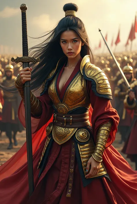 The strongest girl in the world　with a Japanese sword　I want to wear armor too.　The armor is two colors, red and black.　Leave your hair long and untied　Eye color: blue　Leading a large army　In golden armor　You don&#39;t have to tie your hair up　Hair is just...