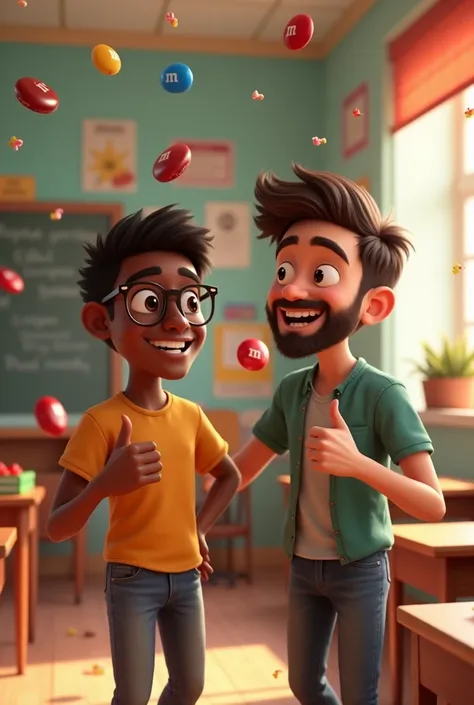  Young light-skinned black man with glasses without beard and short hair and a young white man with beard friends giving thumbs up classroom sprinkles rain m&m pixar animation 
