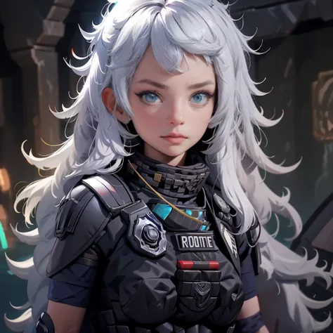 envision a 8k, highres, cinematic, beautiful close up portrait of a woman with a mature face with white hair, gray eyes, Riot Gear, Tactical accessories, black tight suit, fantasy armor, jrpg inspired armor, in dark lighting, against a dark gray background