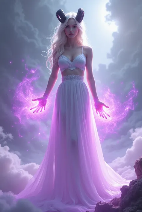 Create a female superhero with purple magic, white dress with, by white, White skin, and with small black ram horns 