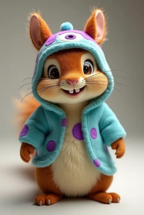 Brown squirrel doll with a light blue and purple hood with a Monster Inc design and its two teeth sticking out