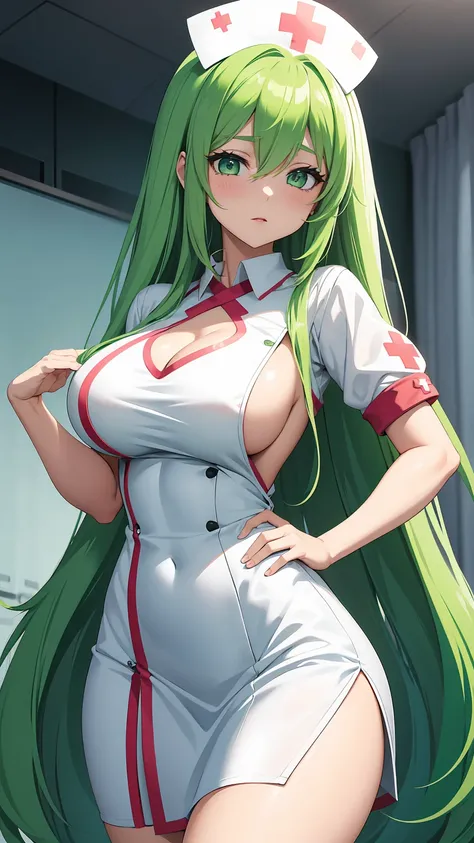 anime nurse with green hair and a white hat posing for a picture, seductive anime girl, , anime girl with long hair, smooth anime cg art, with a large breasts,  in dress, cute anime waifu in a nice dress, [ 4 k digital art ]!!, attractive anime girl, beaut...