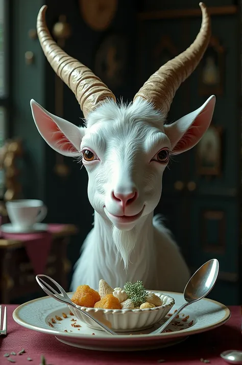 White 
goat head with spoon, fork and tongs back his head and dark fancy kitchen in background