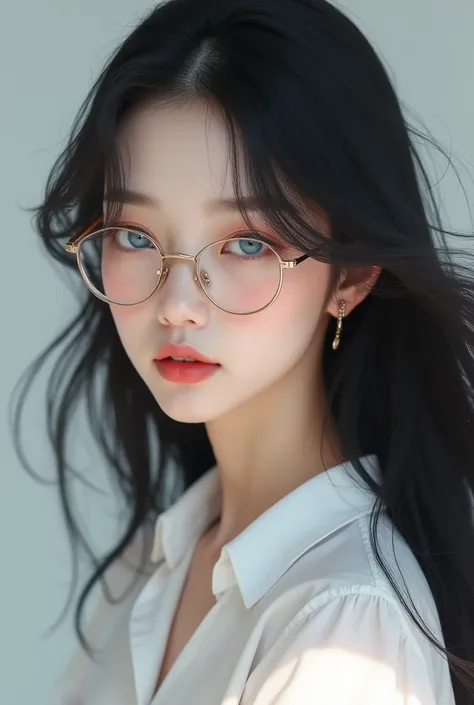 Make me a Korean girl with light blue eyes, Bblack hair, freckles, and wearing glasses. with a white blouse. 