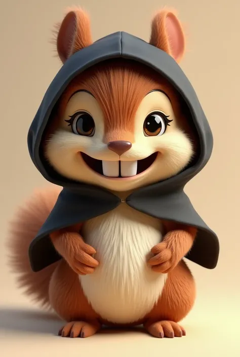 Brown squirrel doll with a black hood with a Toothless design and his two teeth sticking out