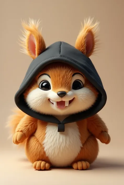 Brown squirrel doll with a black hood with a Toothless design and his two teeth sticking out