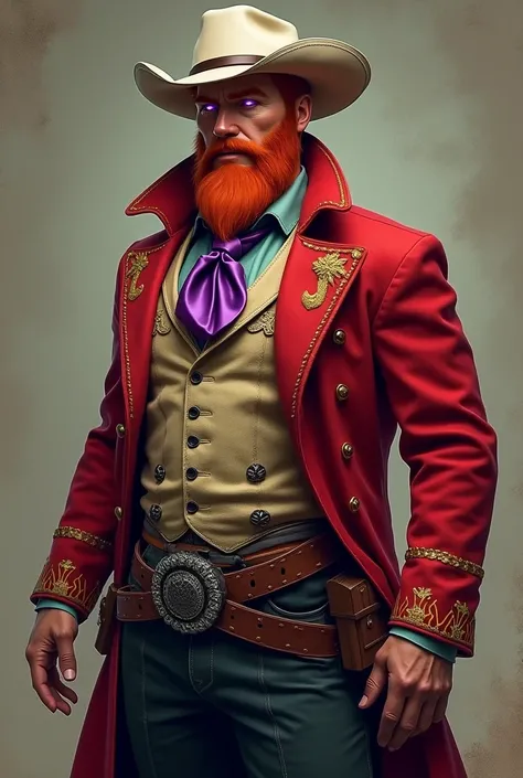 Western man with beard and red hair, red coat with gold details, high collar, light green shirt, beige detailed vest detailed, purple tie with black, realistic glowing purple eyes, black and silver holster belt, black pants, dark brown boots and detailed w...