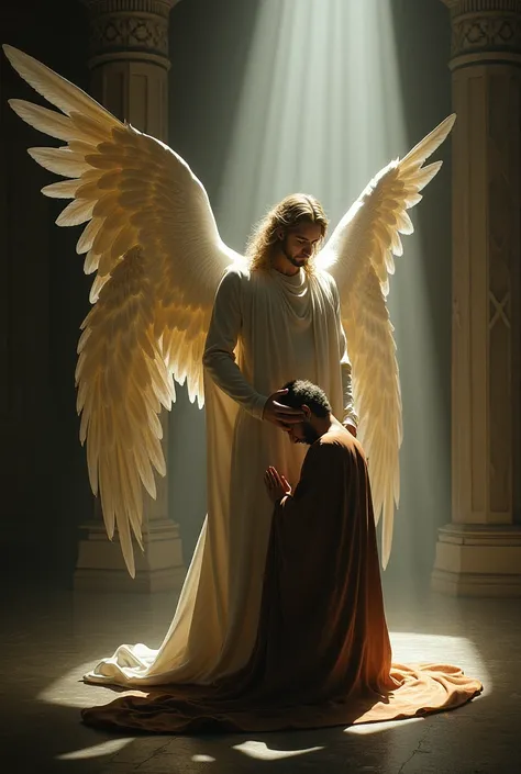 A MALE ANGEL BEHIND SOMEONE WHO IS PRAYING