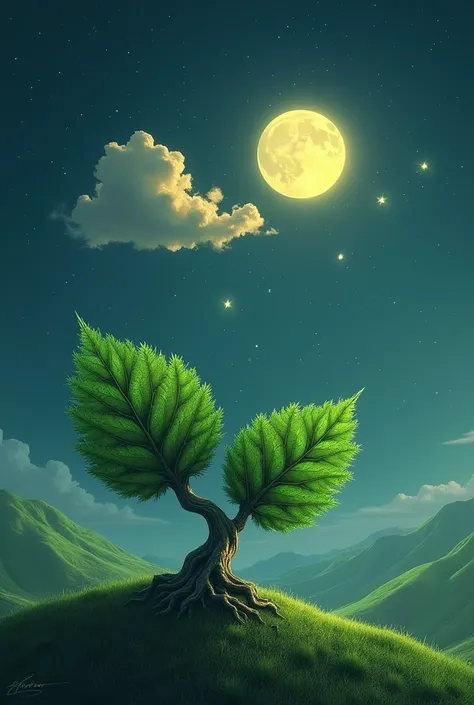 A small dry tree with two green big leaf on the edge of a big hill upon that moon and single white light orange color cloud with 5 small drops of water on that green leaf reflecting the light of moon and these drops of waters also shining like stars