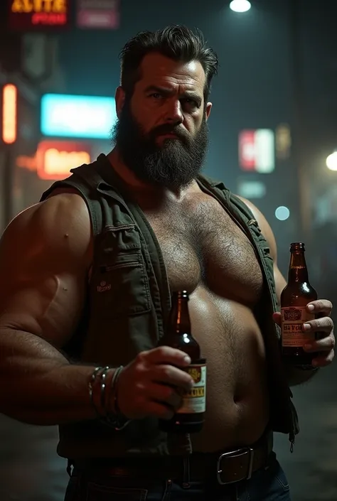 man with chest hair holding a bottle of beer 