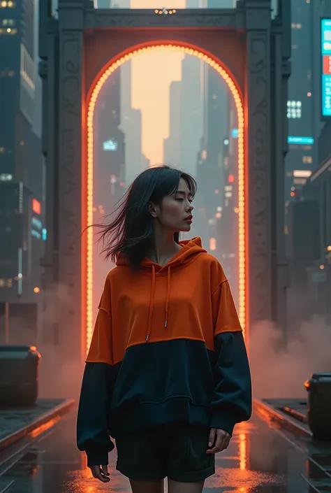 Masterpiece, 4K wallpaper, Masterpiece sci-fi ancient city, fantasy sci-fi, neon glow lights city, ( Subject ( 1girl, A cute japanese women with beautiful hair, wearing an youth stylist oversized hoodie fashion, orange and black stylist fashion, jumper hoo...