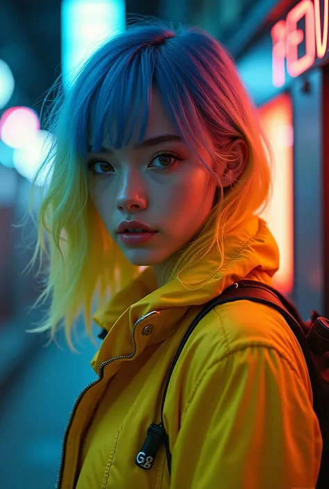 Gradient hair, yellow jacket, cyberpunk