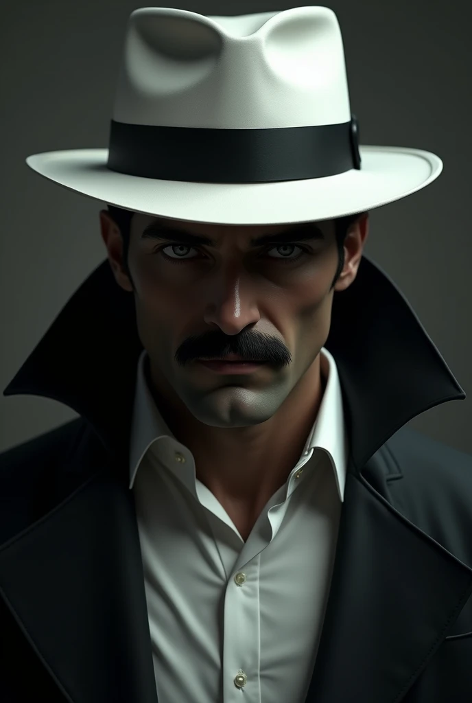 dark man, white hat with black strap ,with a mustache, white shirt black jacket 