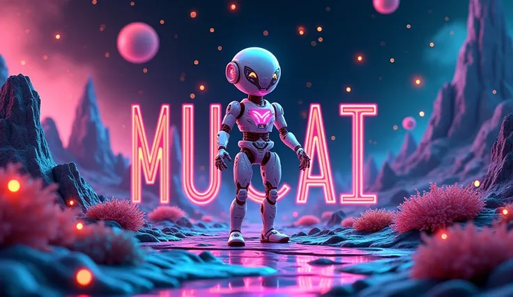 Create a colorful image with the acronym MUCAI, Indonesian Ai Music & Video with the theme of Ai technology