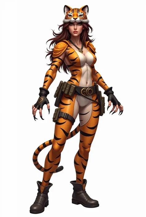 Tigress – Create the image of a female heroine. I want the body to be visible from head to toe. I want the entire body of the character to be visible. The heroine Tigress is an athletic hunter with brown hair. The costume is all stylized, tiger-colored, in...