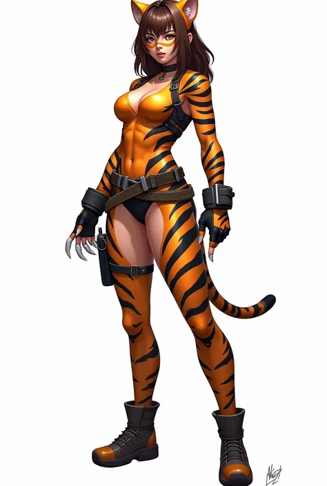 Tigress – Create the image of a female heroine. I want the body to be visible from head to toe. I want the entire body of the character to be visible. The heroine Tigress is an athletic hunter with brown hair. The costume is all stylized, tiger-colored, in...