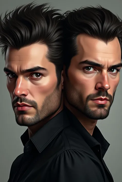 Draw a 2 man with thick black hair, eyes black, high cheekbones above stubble, outlining the well-defined jaw