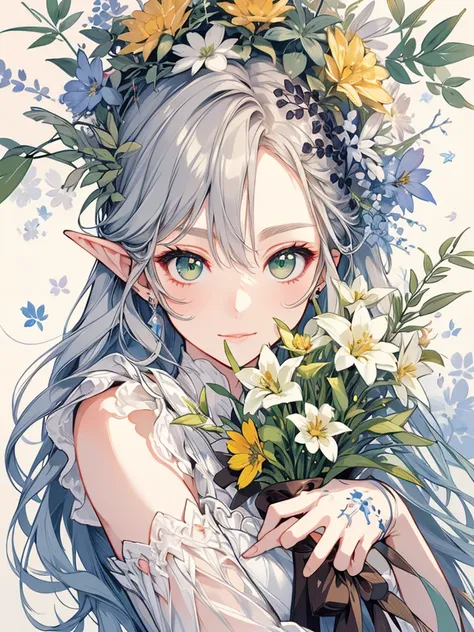 masterpiece, Highest quality, One Girl, Very detailed, Ultra-high resolution, Distinctive facial features, Anatomically correct, pretty girl, Long pointy ears, Fairy, Nice face,Gray Hair, Green Eyes,Hugging bouquet,Ink painting,