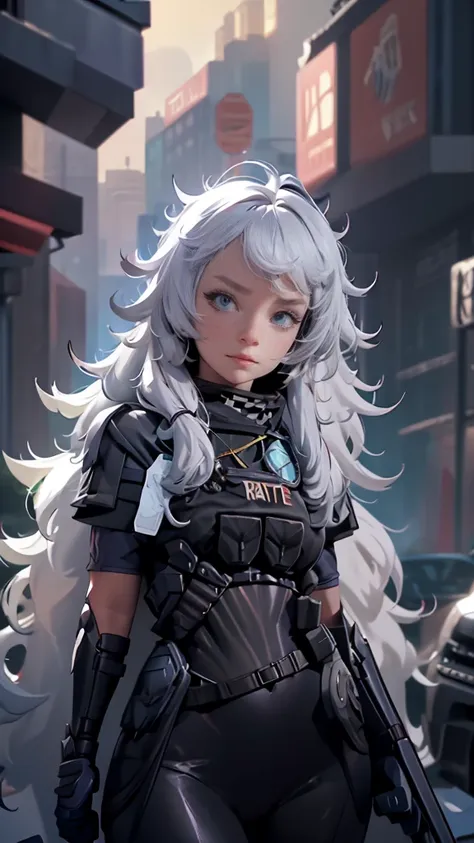 envision a 8k, highres, cinematic, full body concept art design sheet of a woman with a mature face with white hair, gray eyes, Riot Gear, Tactical accessories, black tight suit, fantasy armor, jrpg inspired armor, in dark lighting, against a dark gray bac...