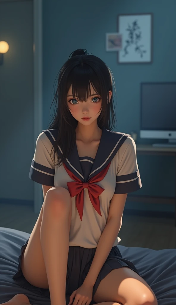 (32K:1.9, Realistic:1.9, Highest quality, masterpiece, Ultra-high resolution), Perfect dynamic composition:1.3, Highly detailed skin and facial textures:1.3, (Cute sexy slim Japanese schoolgirl, height: 155cm), ((Dark room:1.3, Lying in bed:1.4, Strike a p...