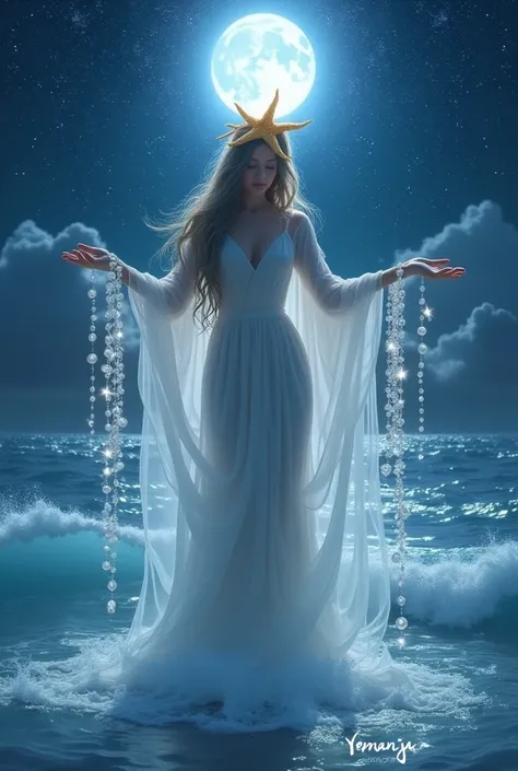 On a bright moonlit night with many stars in the sky.
The Goddess Yemanja emerges from the sea with her hair loose in the wind in a long, loose, white, pearly dress..
With a bright and shining starfish on his head, arms outstretched and hands open, from wh...