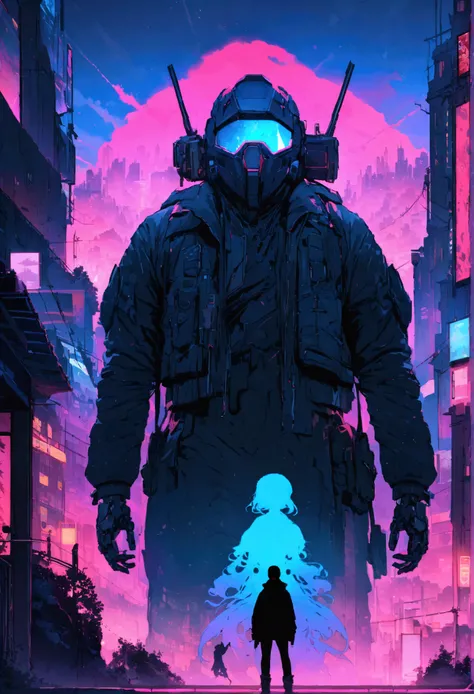 masterpiece, double exposure, silhouette of high-end robot helmet, filled with cyberpunk street, highest definition, HD32K, wallpaper, crisp lines, double exposure background, hyperdetailed, concept art, mythp0rt