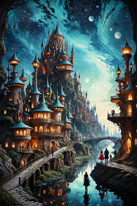 castle in wonderland, sci-fi city landscape with people, walking along the river, fantastic starry sky