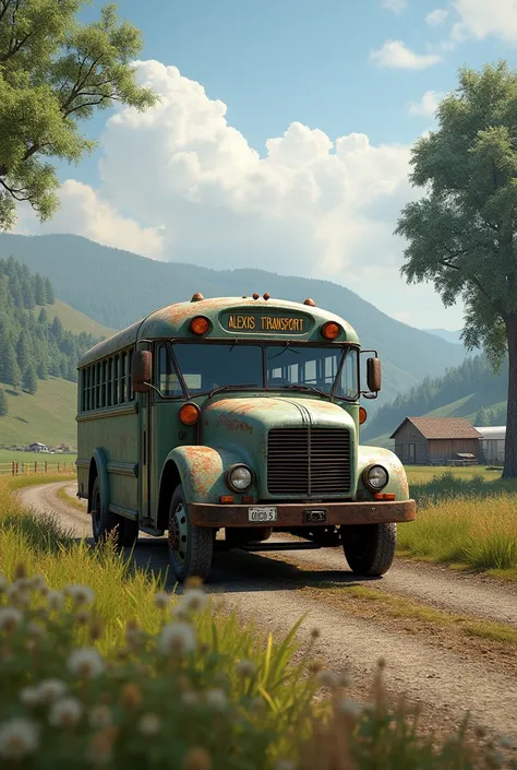 Image that is real that contains the title of "Alexis Transport" and below a farm bus 