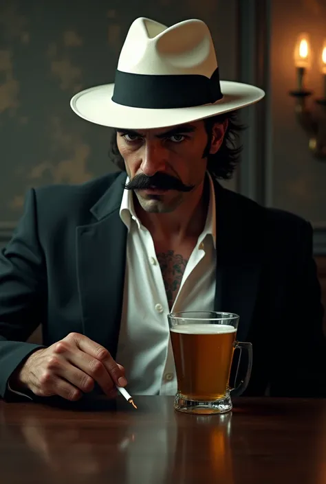 dark man, white hat with black strap ,with a mustache, white shirt black jacket, smoking a cigarette, with a luxury glass drinking beer 
