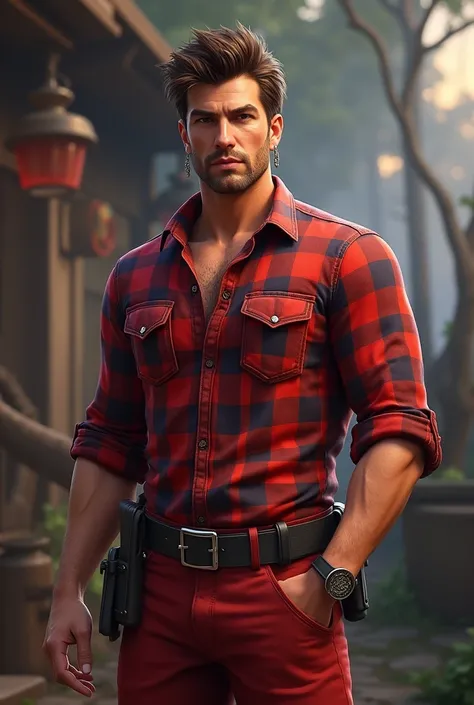 Man,Game character,Shirt sale red flannel,Red chinos pants,Black Tactical Belt,Diamond earrings,Messy brown hair