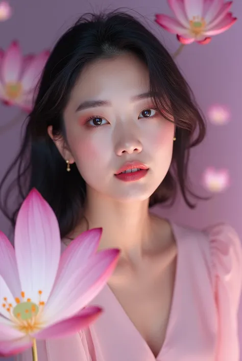 Create a pretty Korean model modeling for a magazine for a makeup brand, which is lotus flower themed and is purple and pink  in tone 