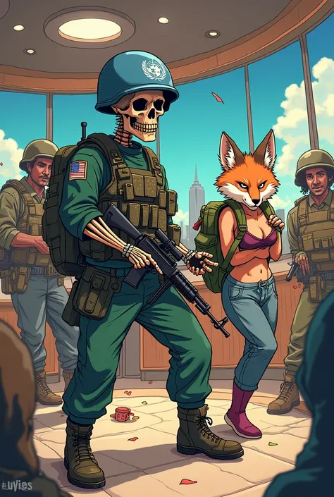 Brazilian skeleton soldier with UN helmet armed invading a live news station, with the company of a furry fox in a bra and sweatpants with a UN helmet, in crude and cute anime drawing scribbled.