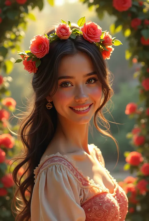 (best quality,realistic:1.2),beautiful Spanish girl,detailed eyes,luscious lips,flowing brunette hair,warm sunlight,captivating smile,vibrant colors,traditional Spanish dress,flower crown,garden background,floral elements,rich texture,portrait style,soft a...