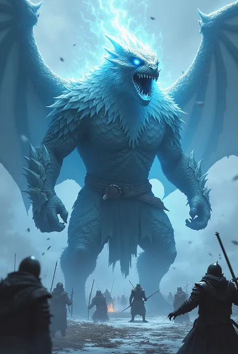 dragonborn breath ice by his mouth in the middle of the battle field 