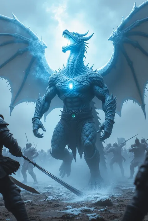 dragonborn breath ice by his mouth in the middle of the battle field 