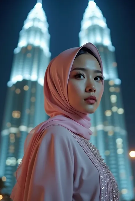 photo of gorgeous asian woman in pastel colored hijab, wearing pastel colored bracket dress in downtown Kuala Lumpur at night, petronas twin towers background