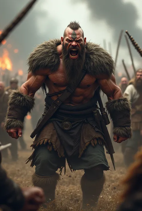 Realistic Viking warrior screaming with teeth bared with a Norse tattoo around his eye 