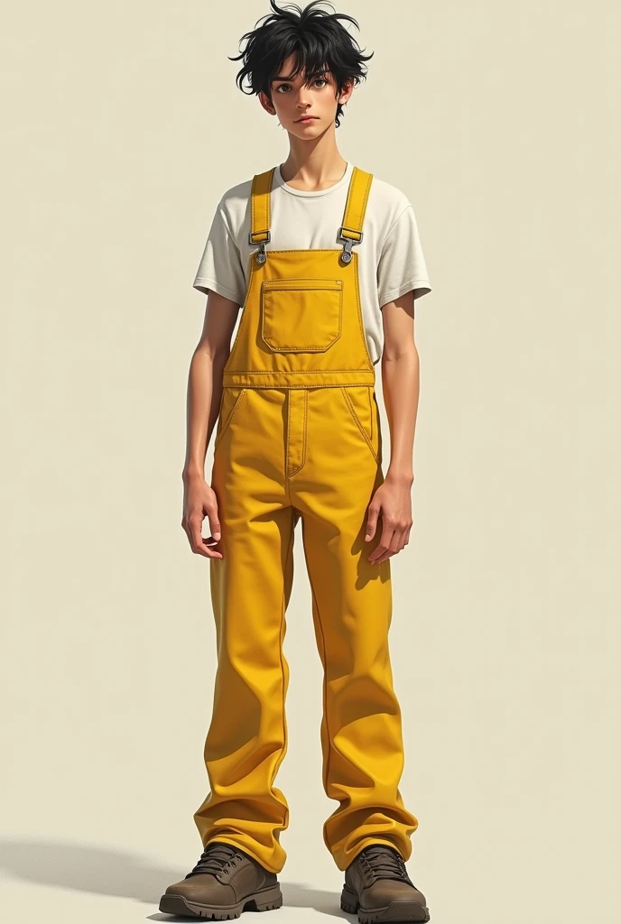 tall skinny young dark-haired man in yellow overalls