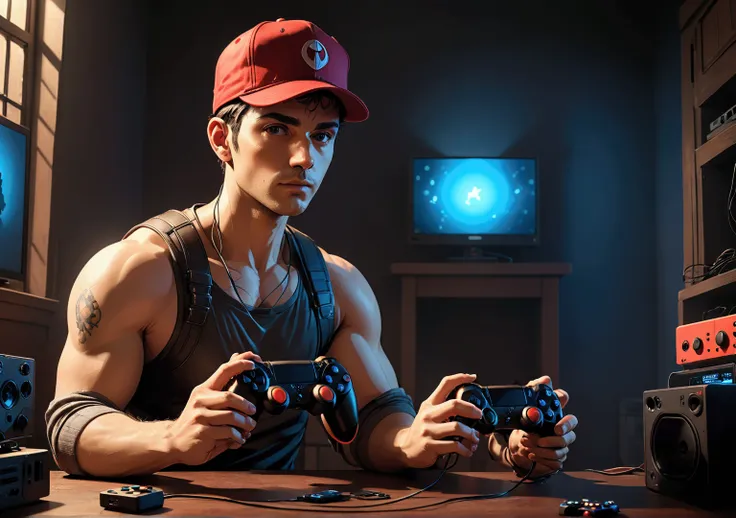 a red-cap funko  male sitting with a video game controller in hand, highly detailed, photorealistic, 8k, best quality, masterpiece, cinematic lighting, intricate details, dramatic shadows, warm color tones, volumetric lighting, ultra-realistic, hyperdetail...