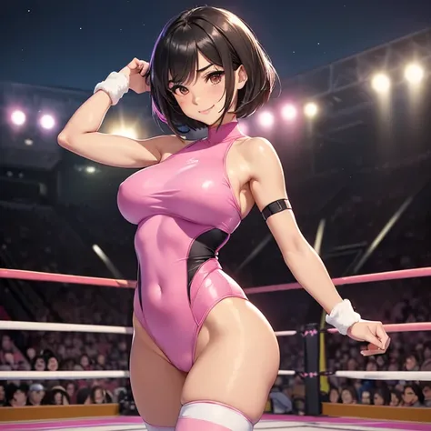 (Masterpiece), (High Resolution), (Best Quality), (Anatomically Correct), (High Details), (HD), (High Quality), (character solo, alone), (fantasy), (anime style)
{{1character:50 years old black haired milf wearing a highleg pink one-piece swimsuit:(medium ...