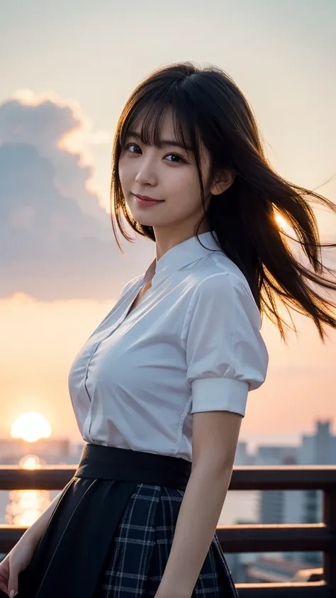 (Highest quality,masterpiece:1.3,Ultra-high resolution),(Very detailed,Caustics,8k),(Realistic:1.4,RAW shooting),Buckshot,Japanese,2,cute,Are standing,(Im looking at the camera with a smile on my face),Black hair medium hair,Big Breasts,White blouse,Knee-l...