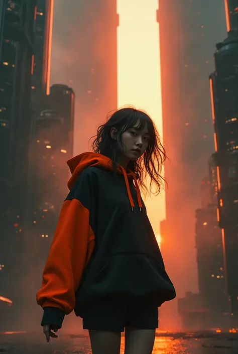 Masterpiece, 4K wallpaper, Masterpiece sci-fi ancient city, fantasy sci-fi, neon glow lights city, ( Subject ( 1girl, A cute japanese women with beautiful hair, wearing an youth stylist oversized hoodie fashion, orange and black stylist fashion, jumper hoo...