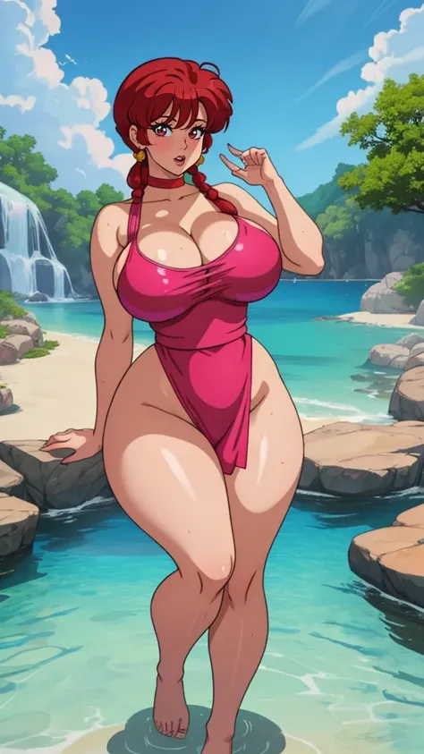 a full body portrait of a official art ((Ranma)) Redhead(curvy-atlhetic) nude posing for a picture, busty, intricate wet, pink body, smooth skin, milky breasts, huge cleavage, seductively looking in front, huge breasts, best quality, beautiful details, int...